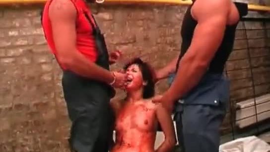 Messy bdsm threesome play where brunette